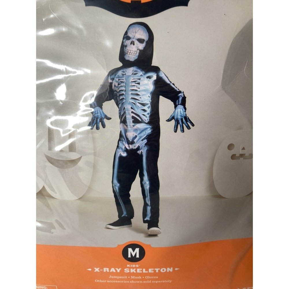 Kids X-Ray Skeleton Halloween Costume Jumpsuit Mask Gloves 8-10 Medium Boy Girl